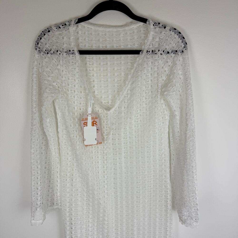 NWT Sunfere Womens Long Sleeve Open Knit Crochet Swimsuit White Cover-Up Dress - Picture 3 of 8
